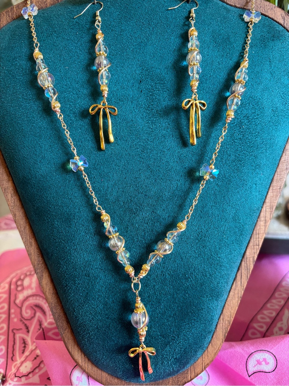 Gold-Tone Clear Crystal Bow Pendant Necklace & Earrings Set